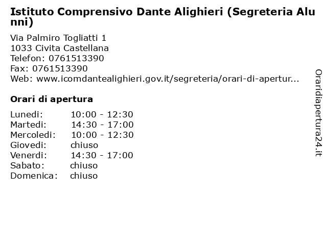 Orari di apertura Istituto Comprensivo Dante Alighieri